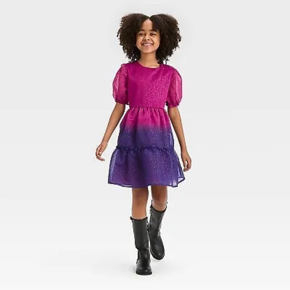Cat & Jack Girls' Short Sleeve Ombre Sparkle Dress - Magenta/Purple, L